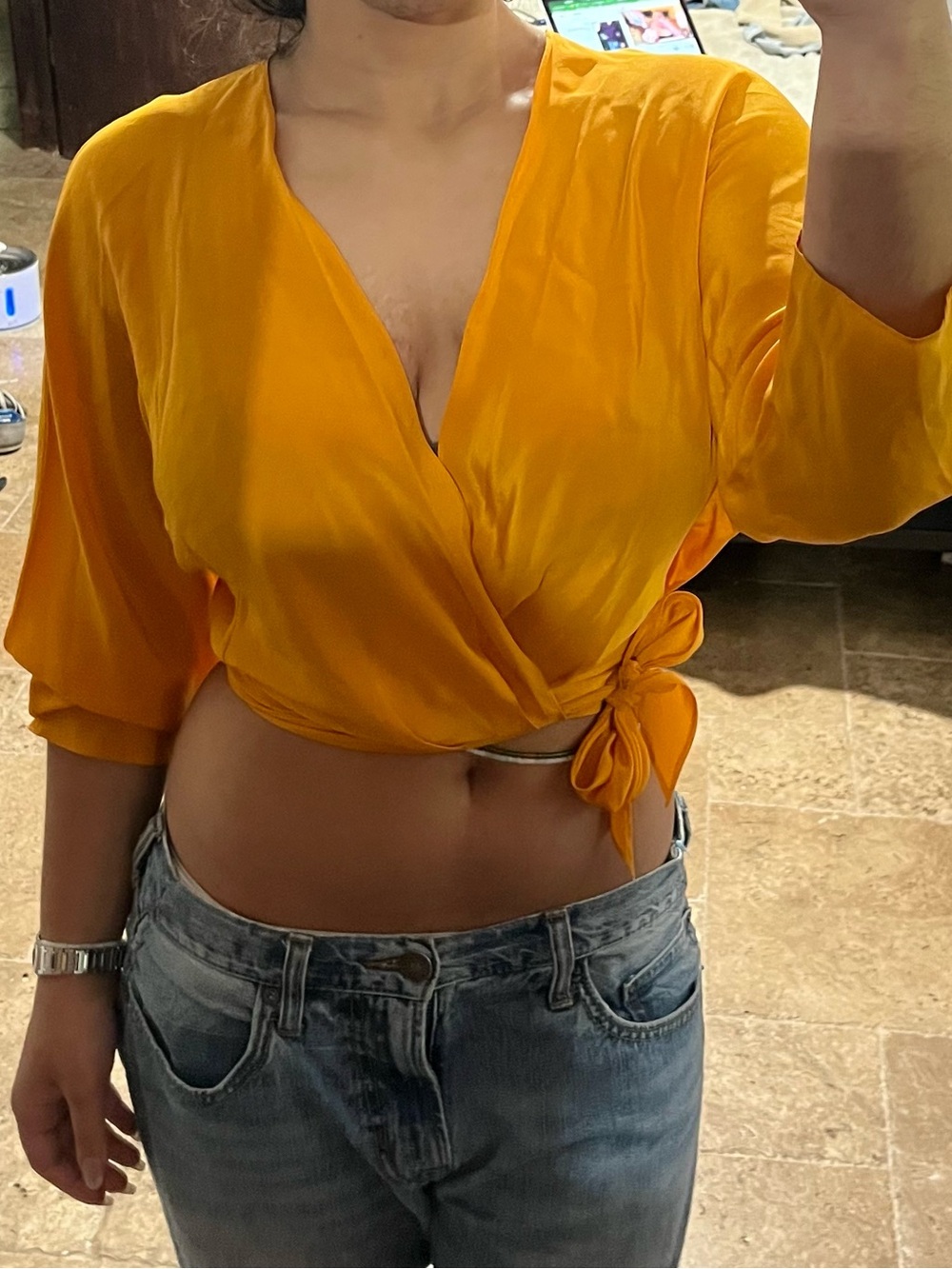 Vintage Golden Orange Satin Wrap Tie Crop Top